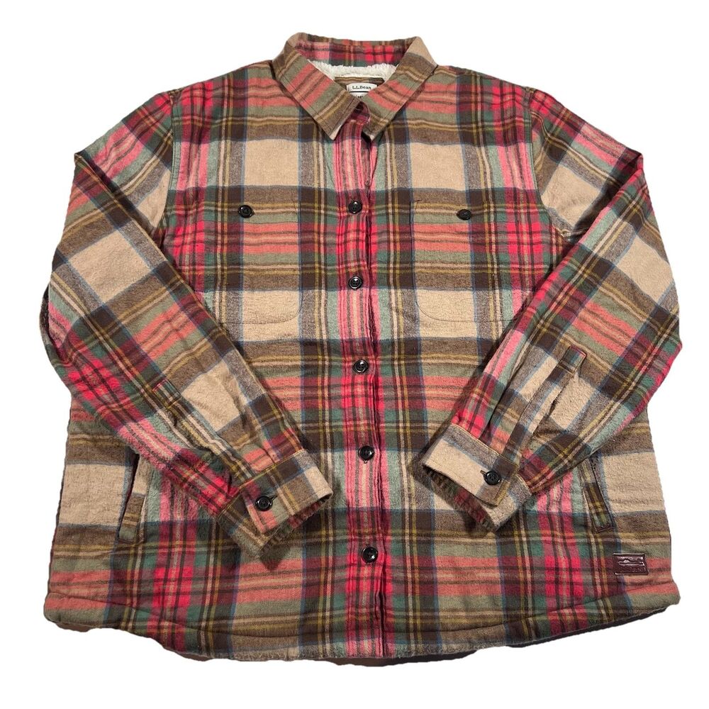 LL Bean Plaid Sherpa Lined Flannel Shirt Jacket Shacket Relaxed Women's Large